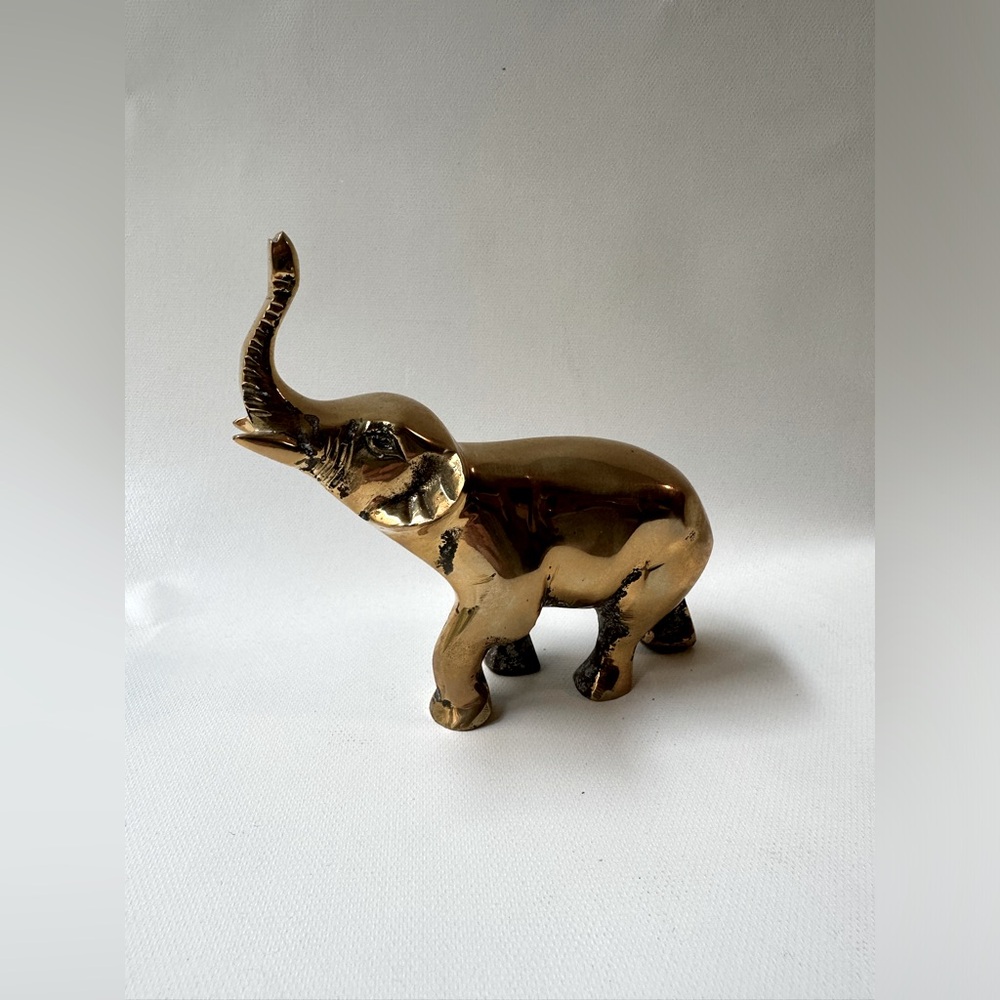 Solid Brass Raised Trunk Elephant Figurine Approx 5” Long by 4.5” Tall